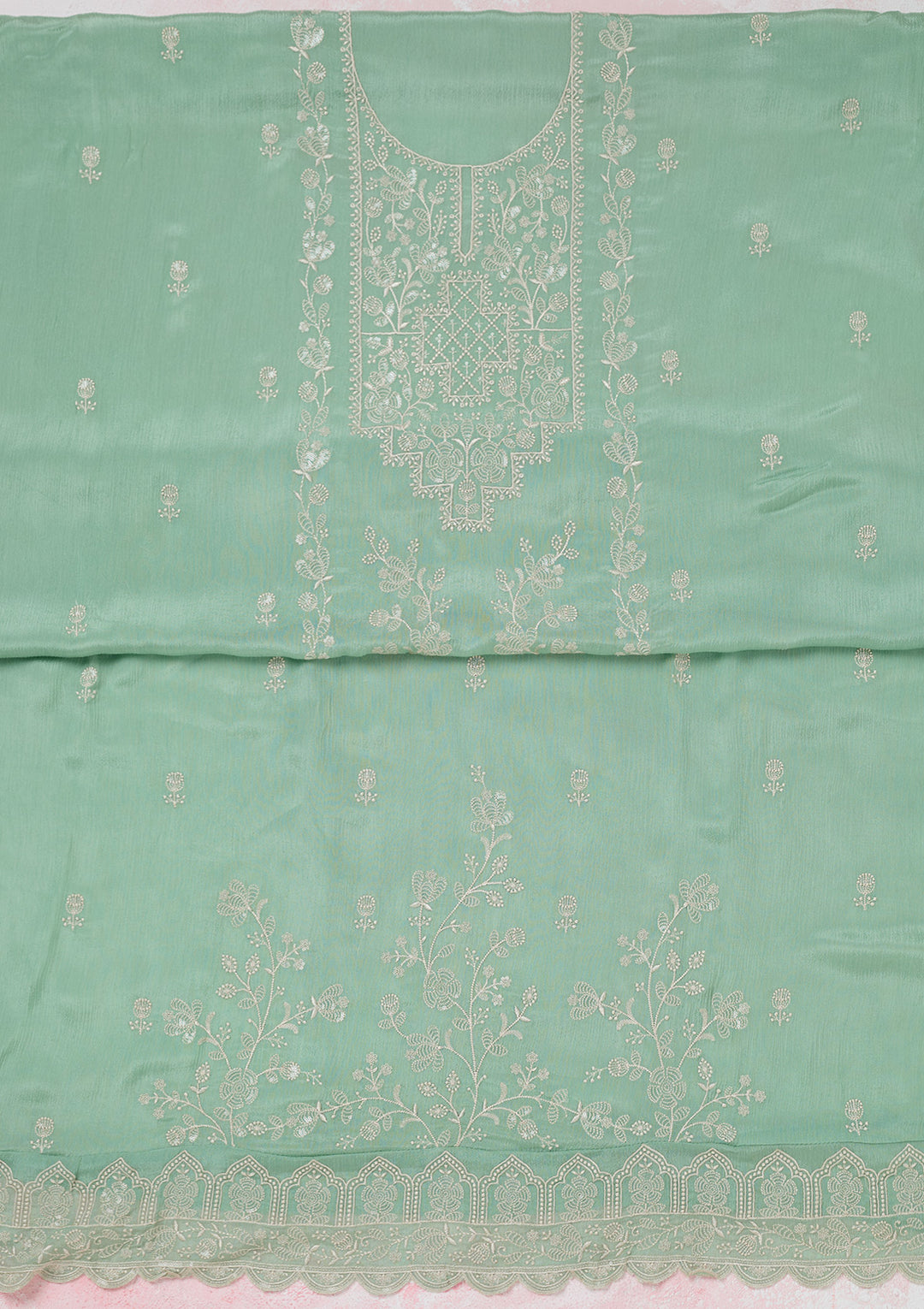 Sea Green Chinon Threadwork Unstitched Dress Material With Matching Bottom And Dupatta