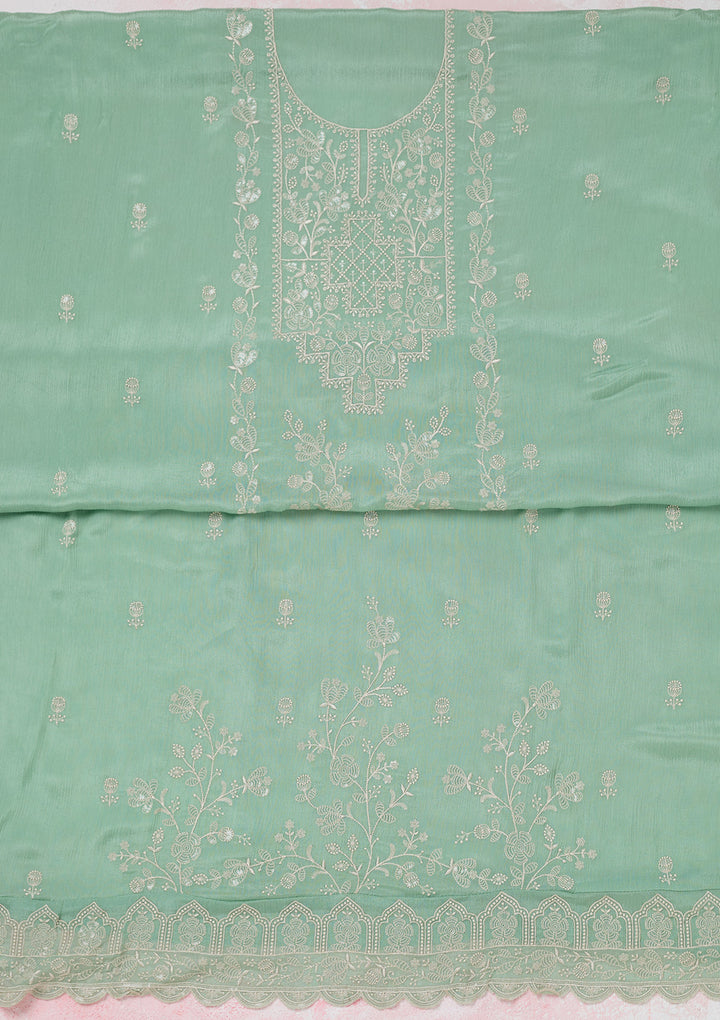 Sea Green Chinon Threadwork Unstitched Dress Material With Matching Bottom And Dupatta