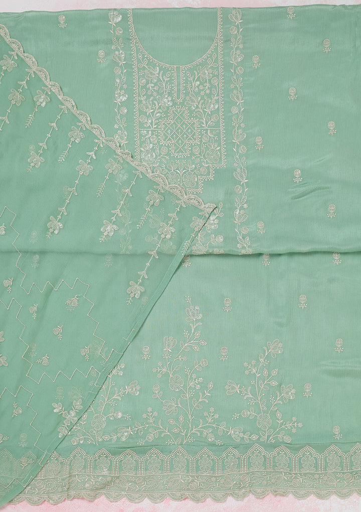 Sea Green Chinon Threadwork Unstitched Dress Material With Matching Bottom And Dupatta