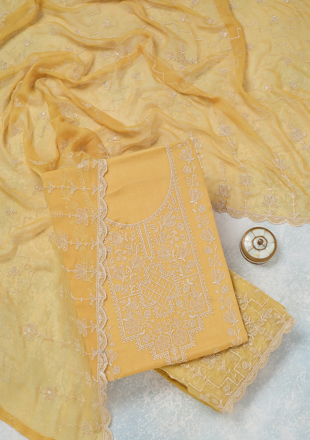 Yellow Chinon Threadwork Unstitched Dress Material With Matching Bottom And Dupatta