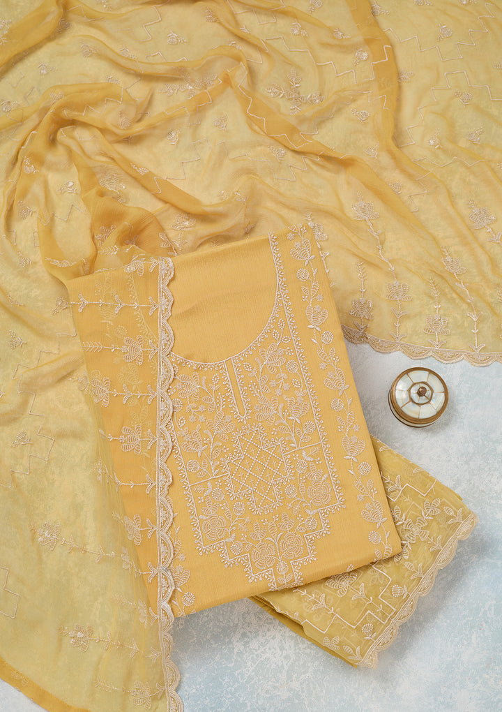 Yellow Chinon Threadwork Unstitched Dress Material With Matching Bottom And Dupatta