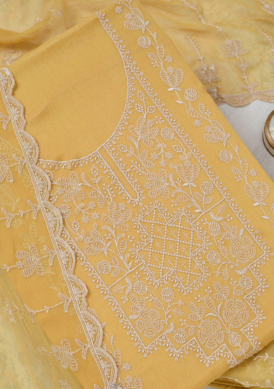 Yellow Chinon Threadwork Unstitched Dress Material With Matching Bottom And Dupatta