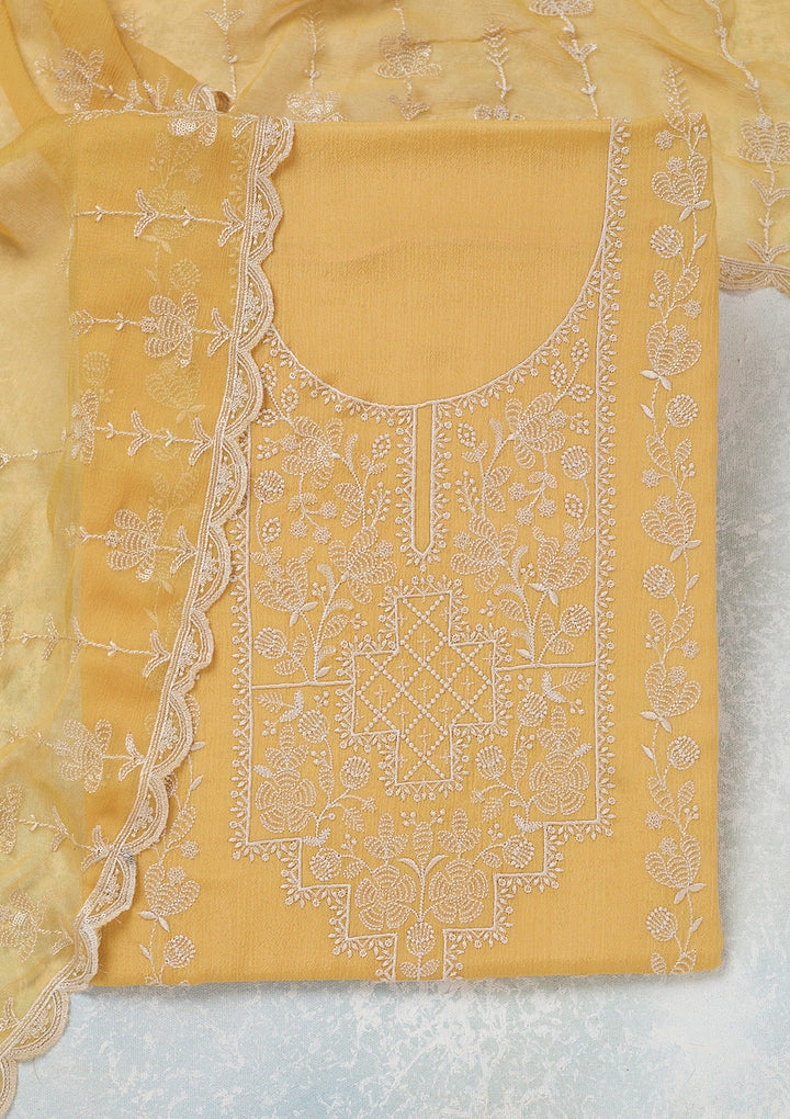 Yellow Chinon Threadwork Unstitched Dress Material With Matching Bottom And Dupatta