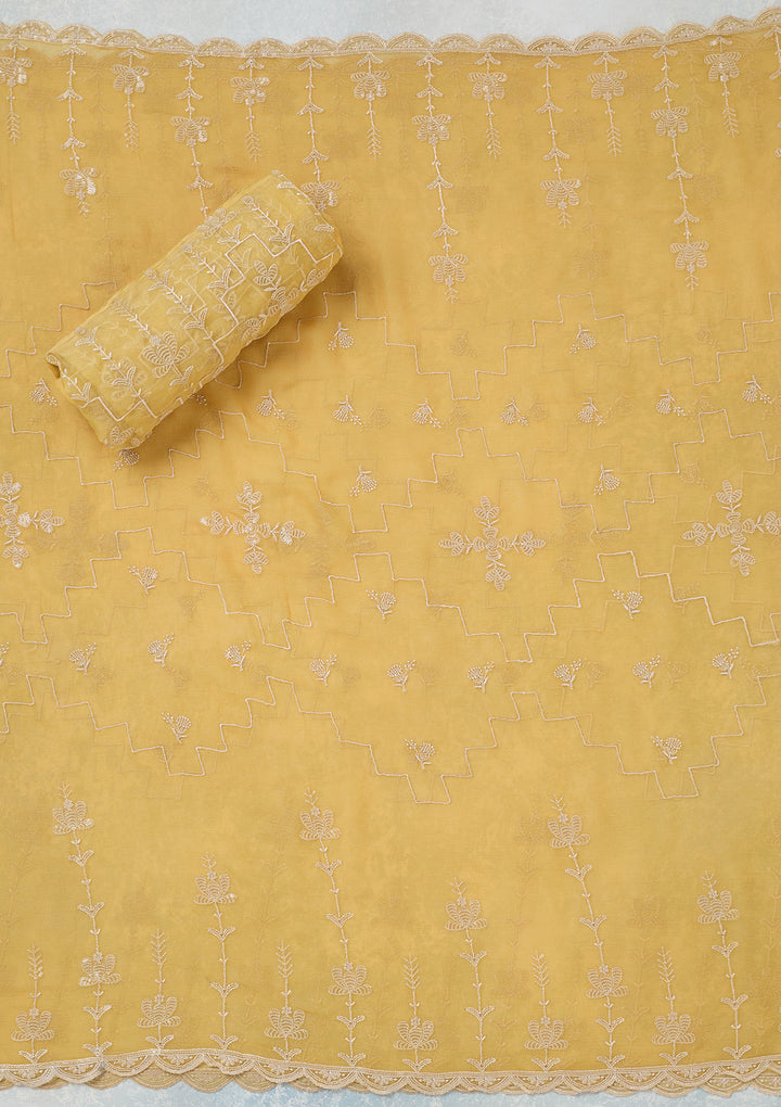 Yellow Chinon Threadwork Unstitched Dress Material With Matching Bottom And Dupatta