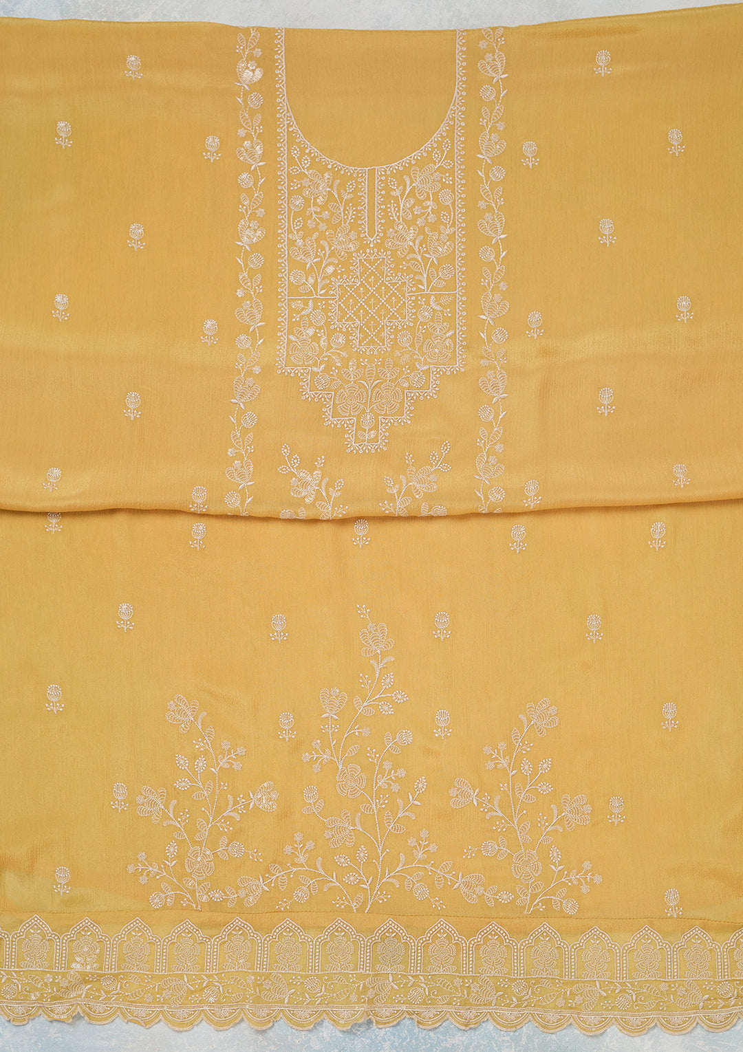 Yellow Chinon Threadwork Unstitched Dress Material With Matching Bottom And Dupatta
