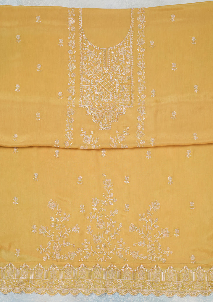 Yellow Chinon Threadwork Unstitched Dress Material With Matching Bottom And Dupatta