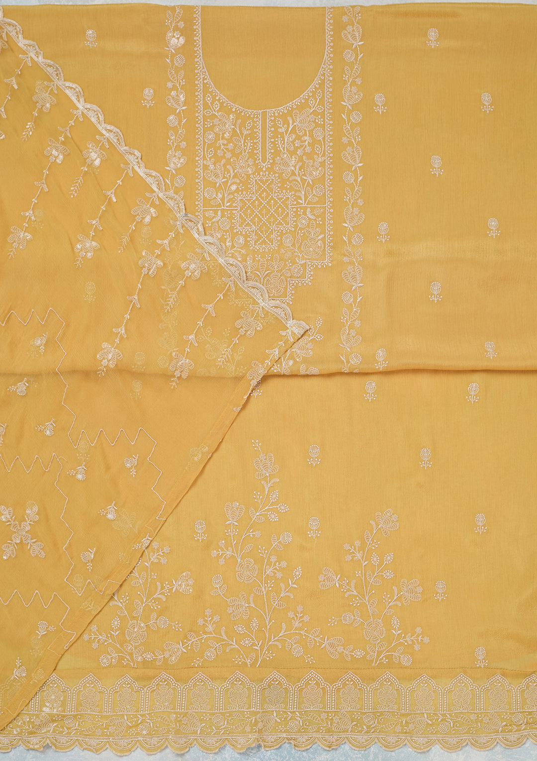 Yellow Chinon Threadwork Unstitched Dress Material With Matching Bottom And Dupatta