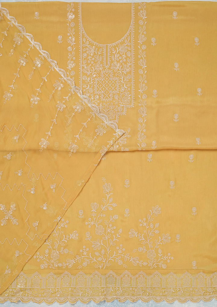 Yellow Chinon Threadwork Unstitched Dress Material With Matching Bottom And Dupatta