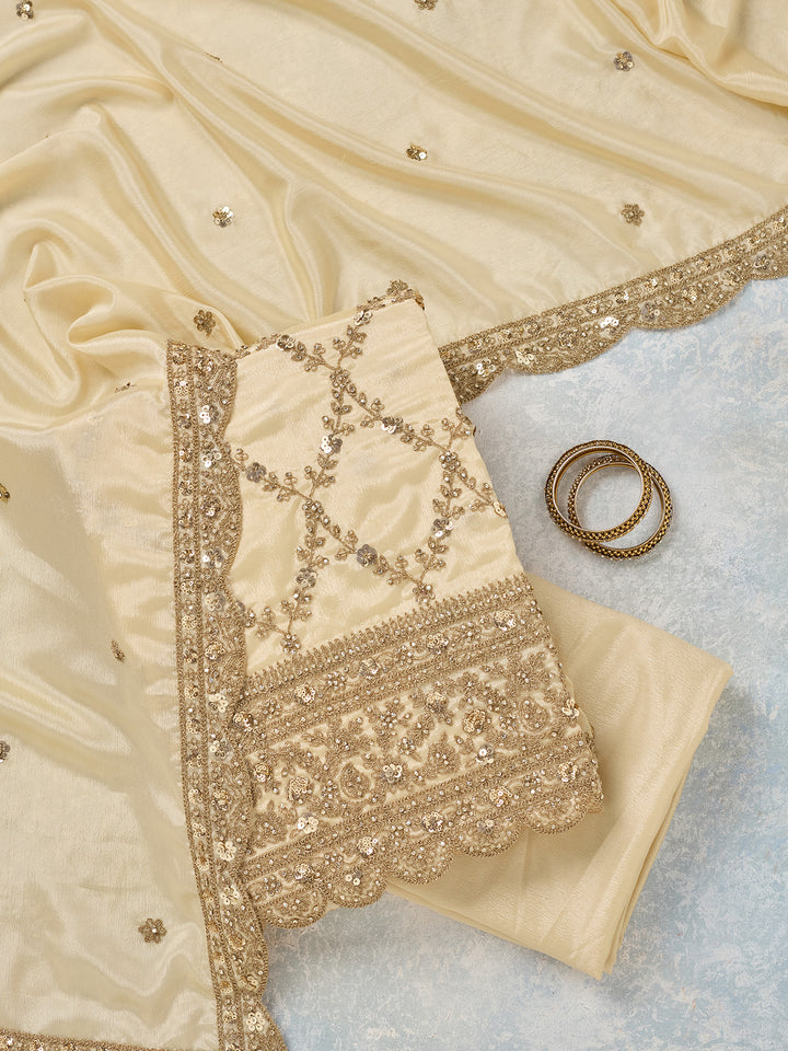 Cream Chinon Gold Zariwork Unstitched Dress Material With Matching Bottom And Dupatta