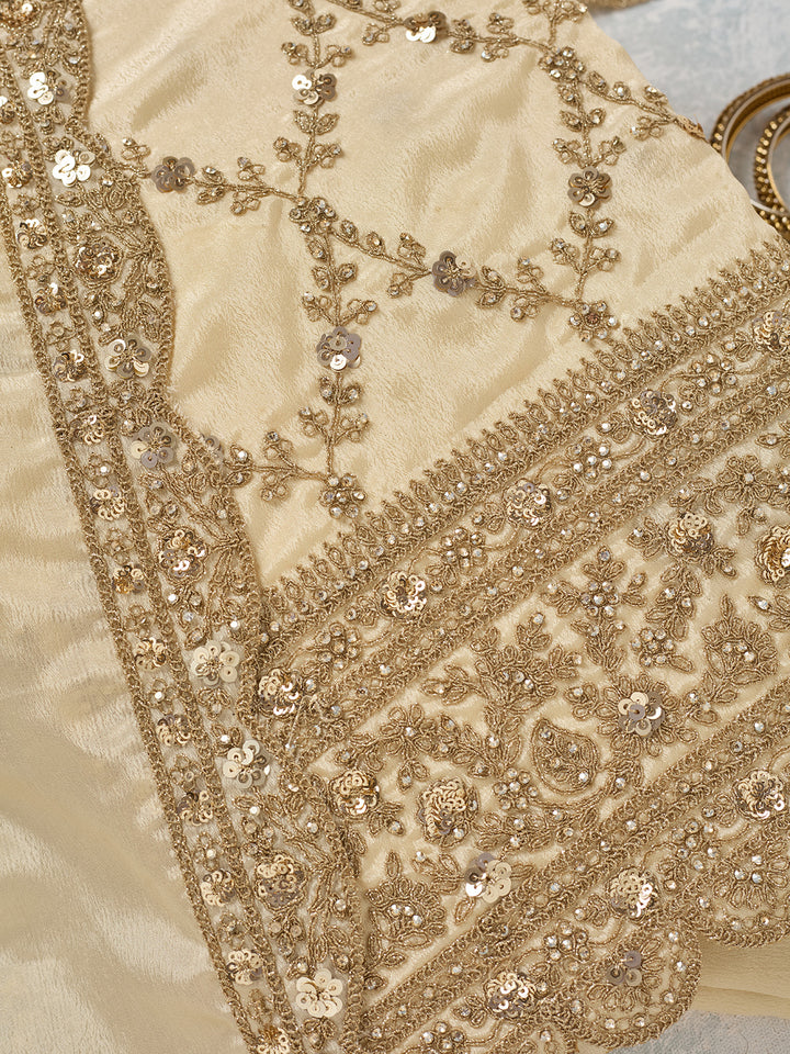 Cream Chinon Gold Zariwork Unstitched Dress Material With Matching Bottom And Dupatta