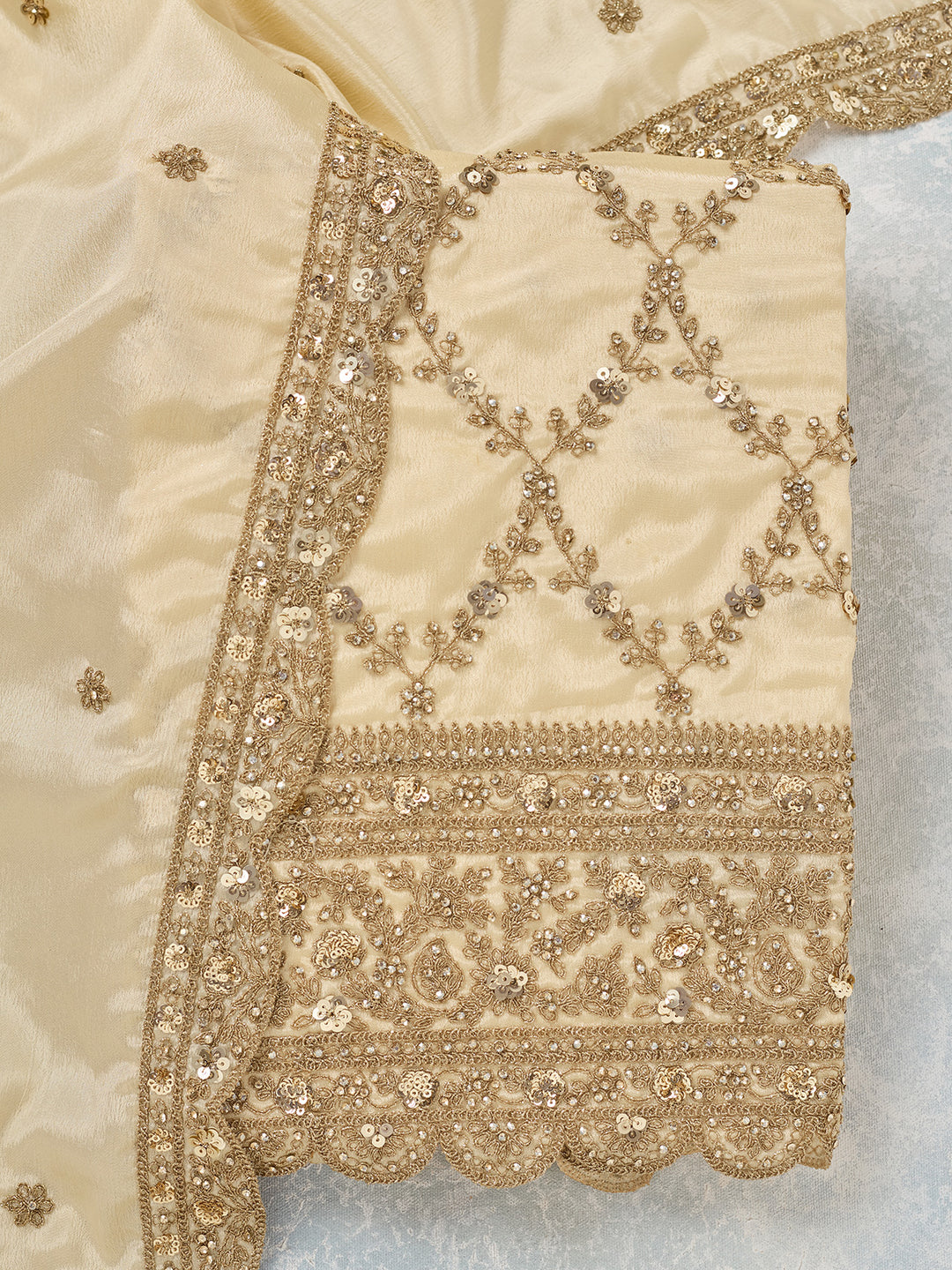 Cream Chinon Gold Zariwork Unstitched Dress Material With Matching Bottom And Dupatta
