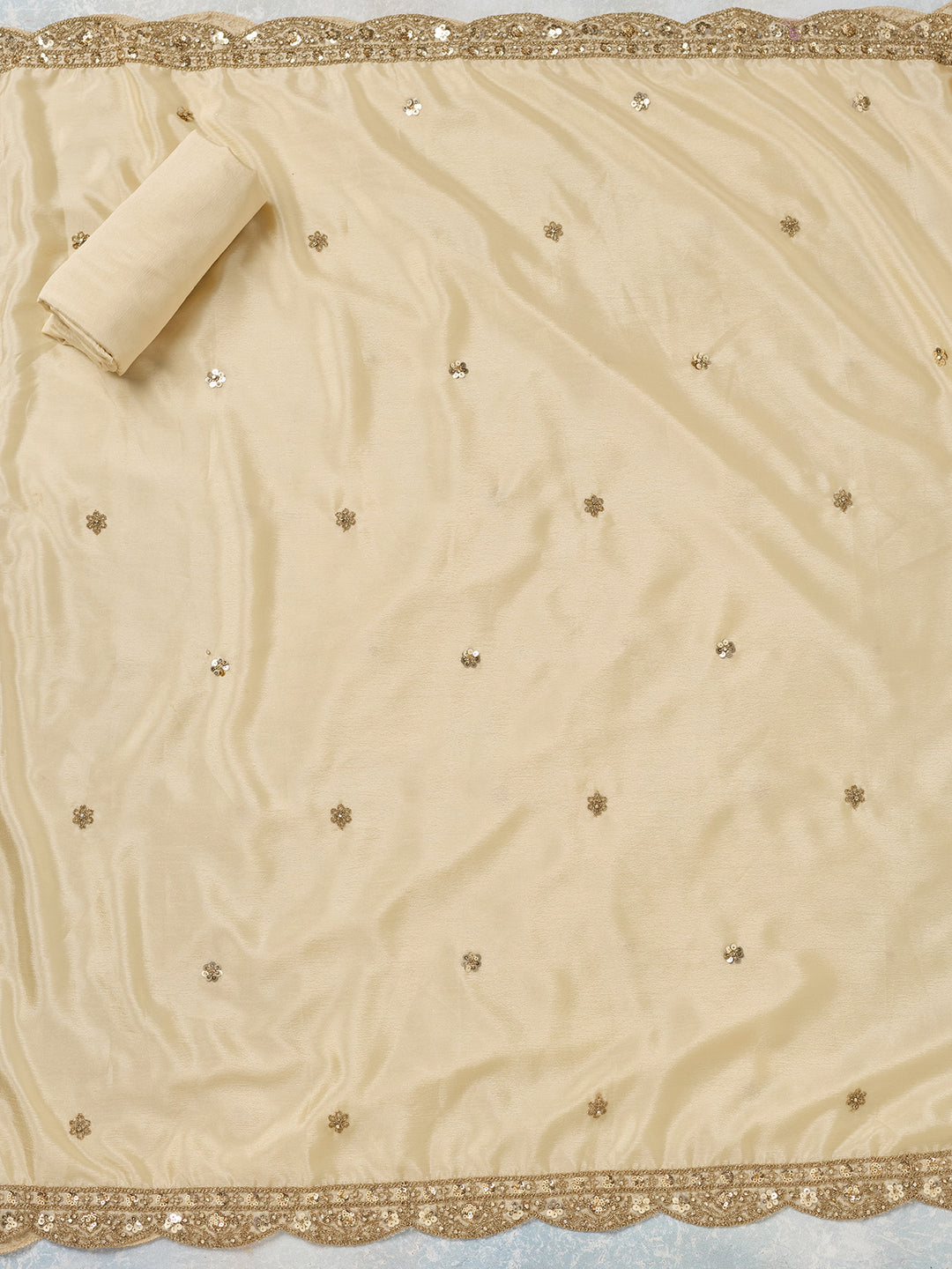Cream Chinon Gold Zariwork Unstitched Dress Material With Matching Bottom And Dupatta
