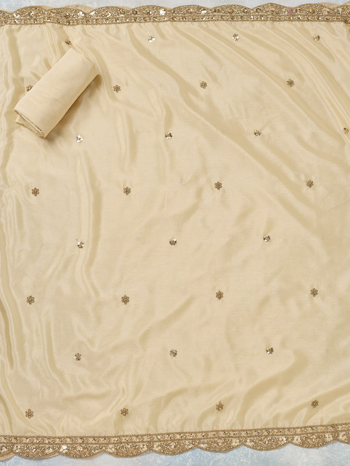 Cream Chinon Gold Zariwork Unstitched Dress Material With Matching Bottom And Dupatta