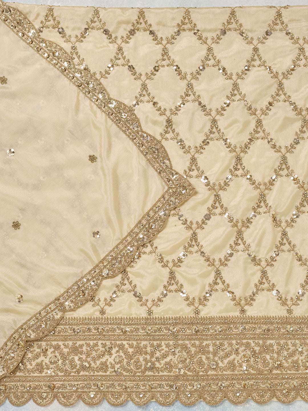 Cream Chinon Gold Zariwork Unstitched Dress Material With Matching Bottom And Dupatta