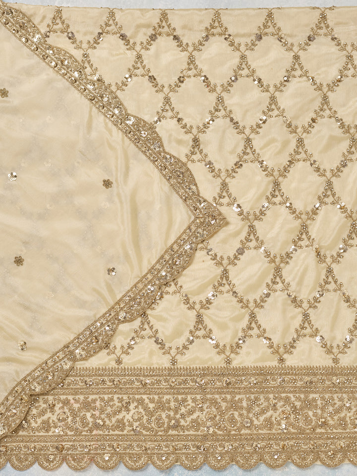 Cream Chinon Gold Zariwork Unstitched Dress Material With Matching Bottom And Dupatta