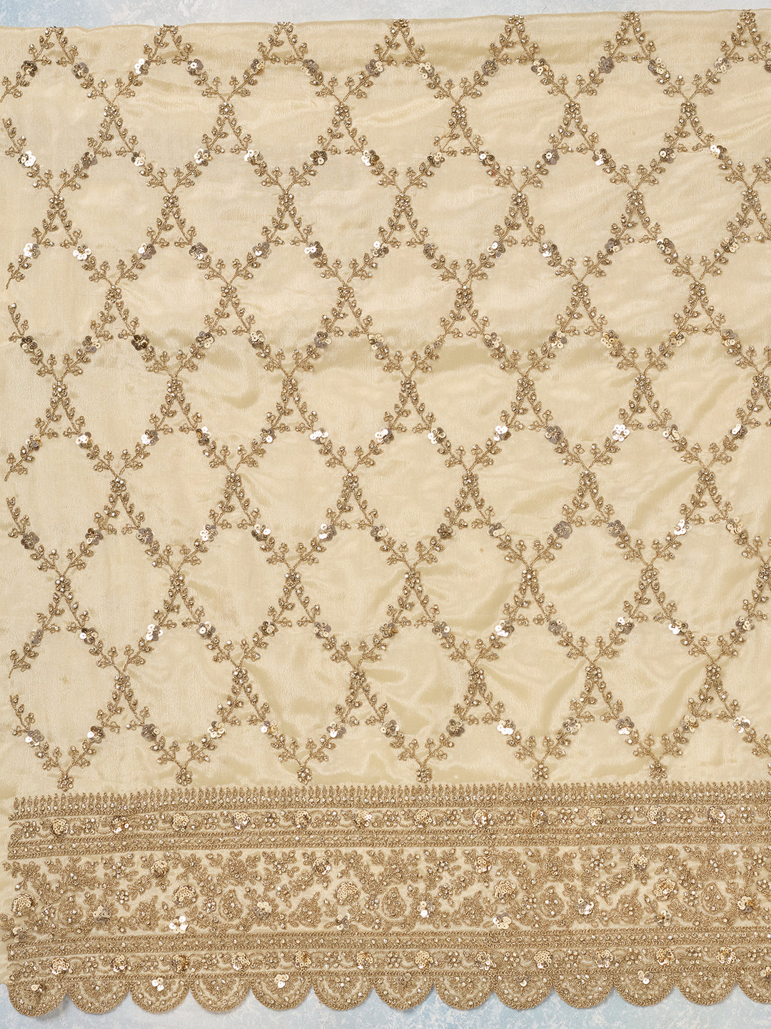 Cream Chinon Gold Zariwork Unstitched Dress Material With Matching Bottom And Dupatta