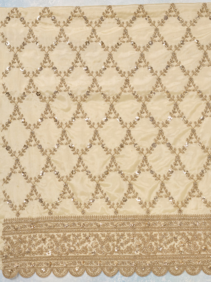 Cream Chinon Gold Zariwork Unstitched Dress Material With Matching Bottom And Dupatta