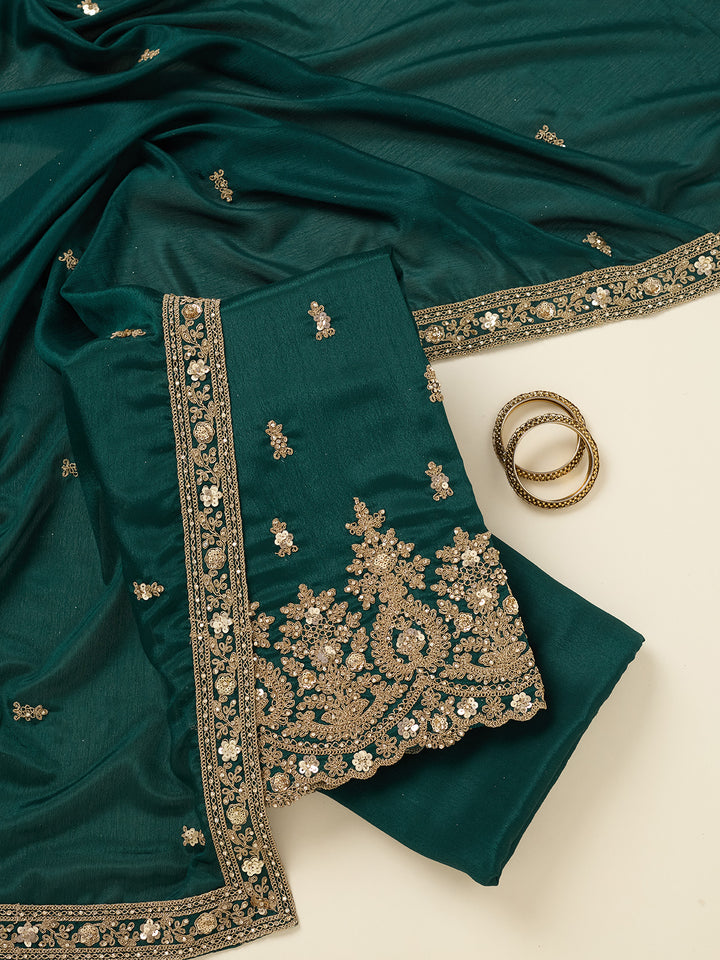 Peacock Green Chinon Gold Zariwork Unstitched Dress Material With Matching Bottom And Dupatta