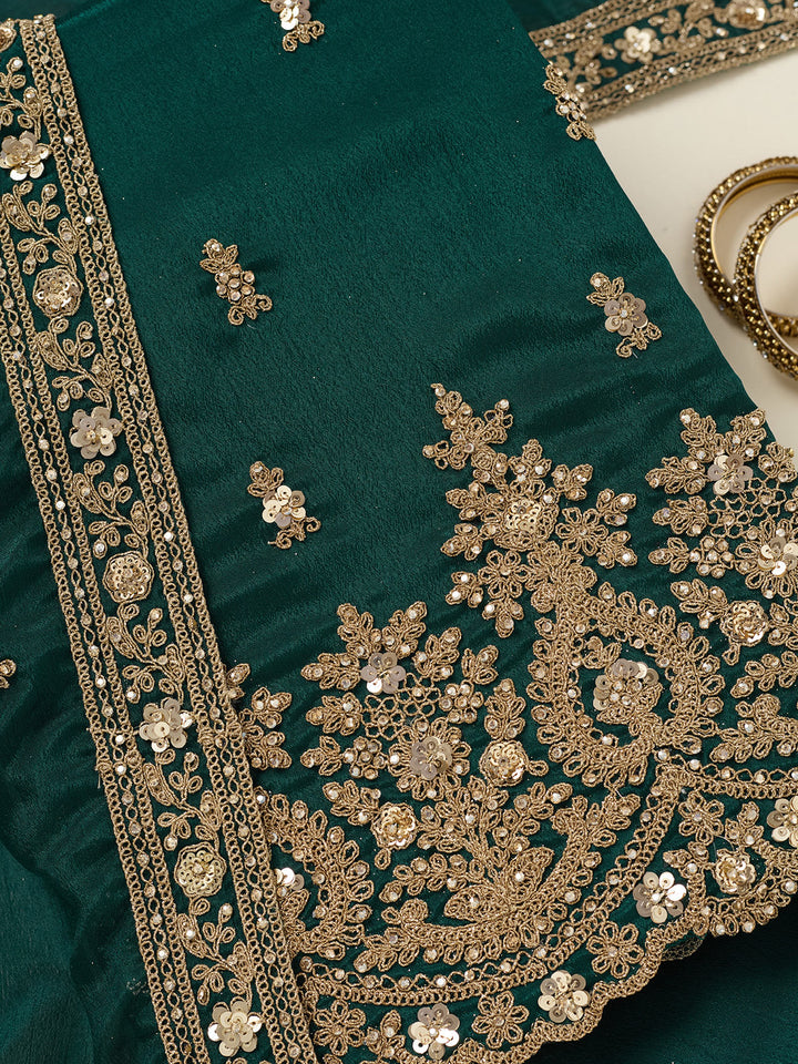 Peacock Green Chinon Gold Zariwork Unstitched Dress Material With Matching Bottom And Dupatta