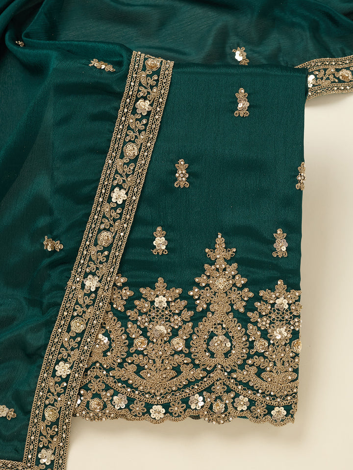 Peacock Green Chinon Gold Zariwork Unstitched Dress Material With Matching Bottom And Dupatta