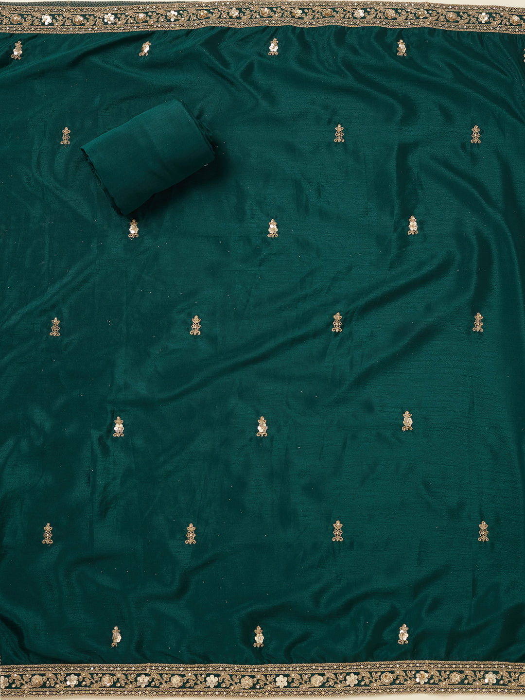 Peacock Green Chinon Gold Zariwork Unstitched Dress Material With Matching Bottom And Dupatta