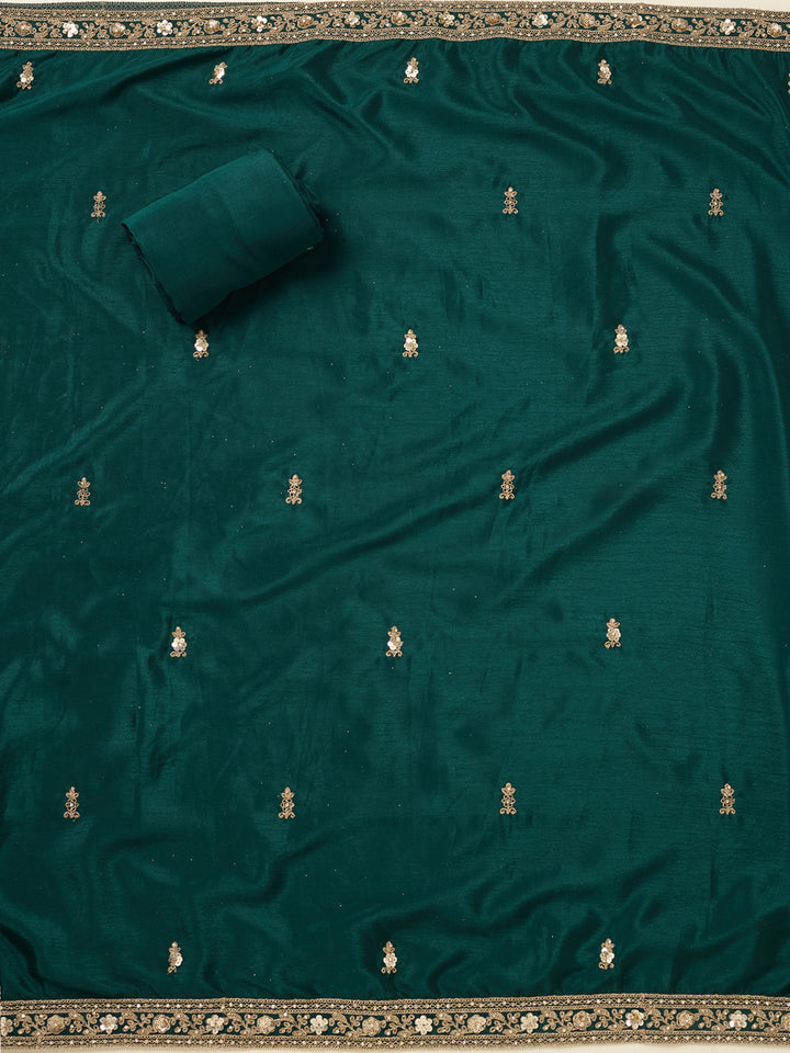 Peacock Green Chinon Gold Zariwork Unstitched Dress Material With Matching Bottom And Dupatta