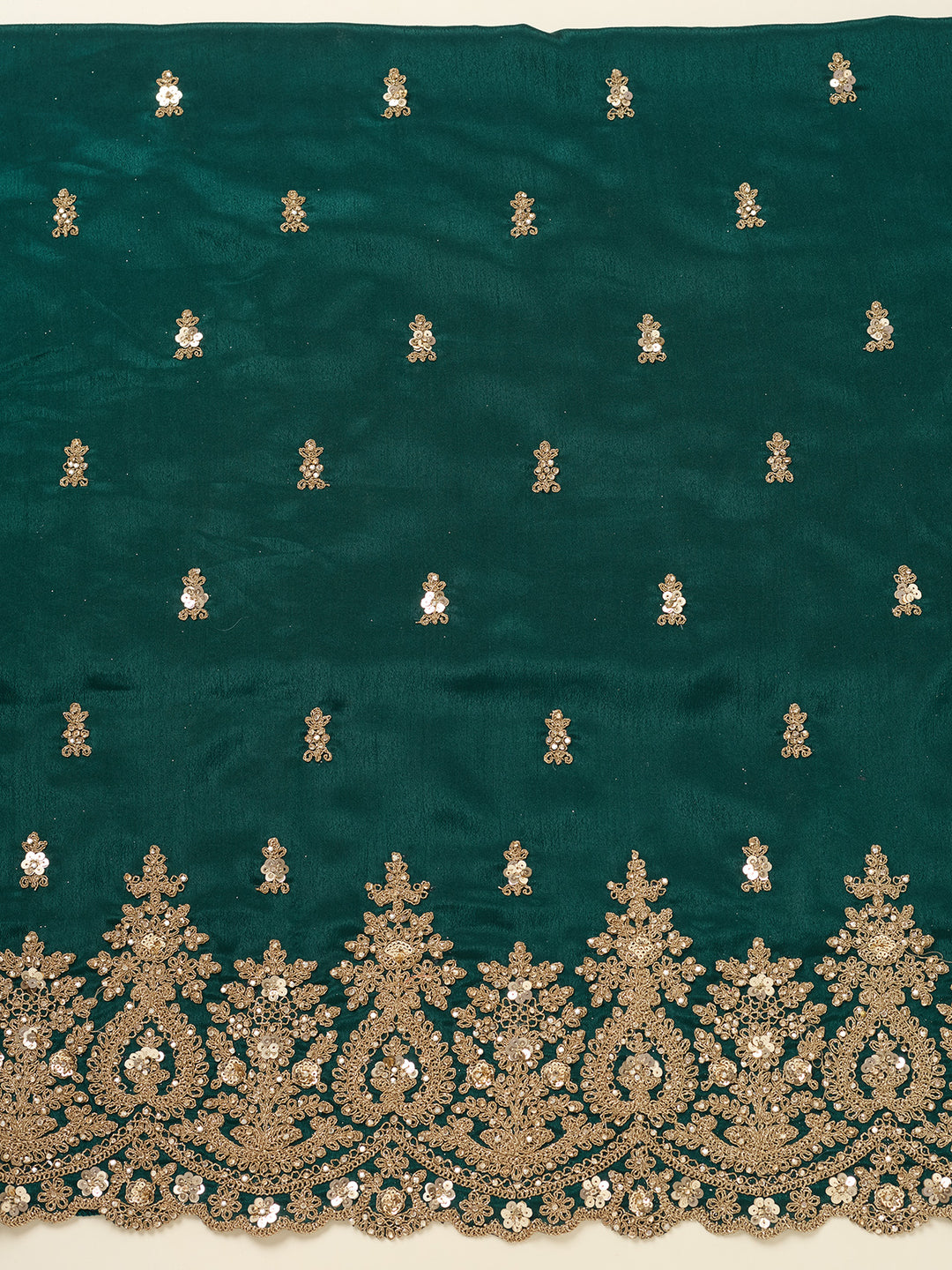 Peacock Green Chinon Gold Zariwork Unstitched Dress Material With Matching Bottom And Dupatta