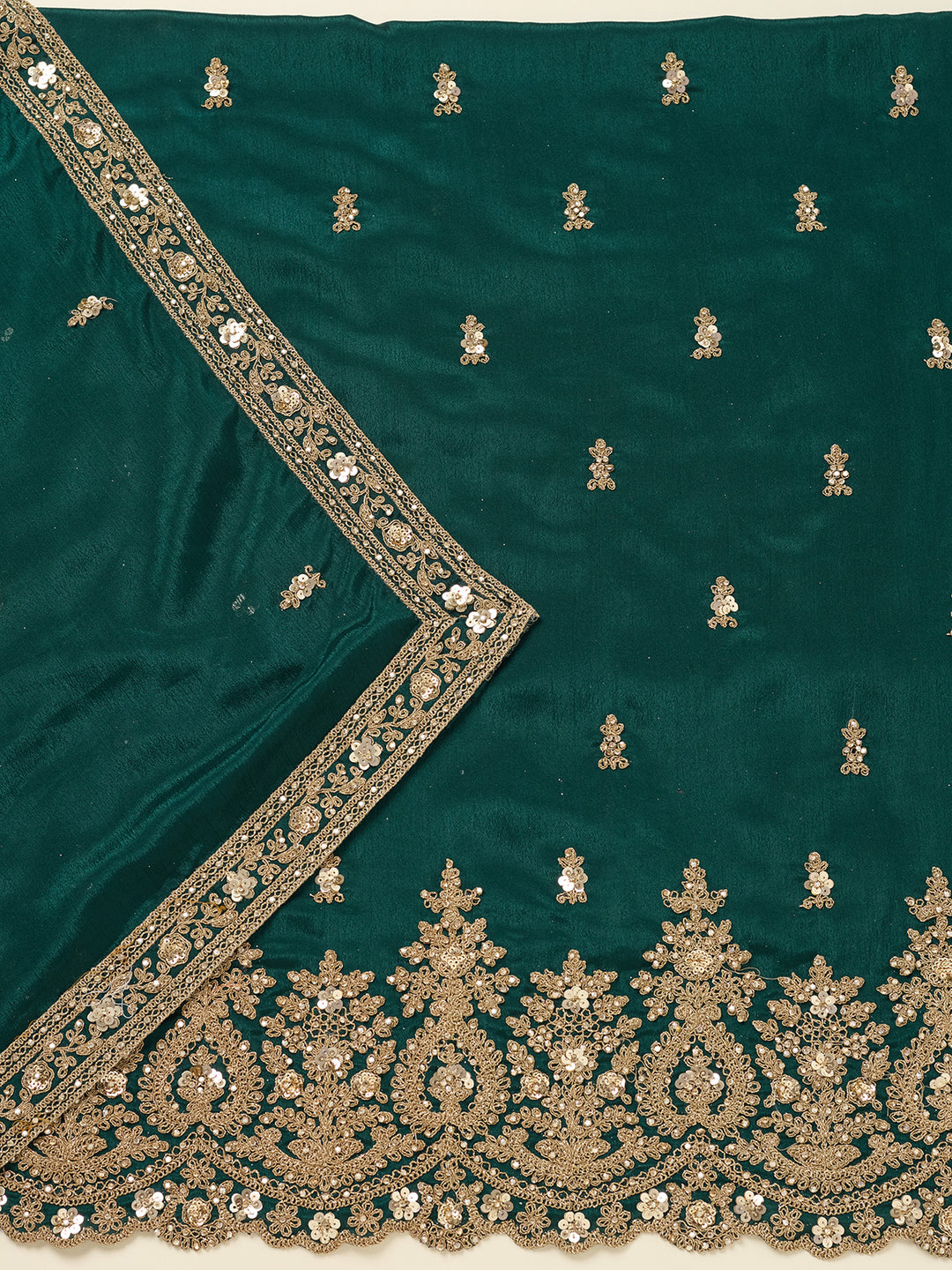 Peacock Green Chinon Gold Zariwork Unstitched Dress Material With Matching Bottom And Dupatta