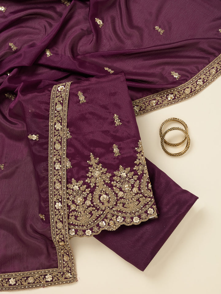 Purple Chinon Gold Zariwork Unstitched Dress Material With Matching Bottom And Dupatta