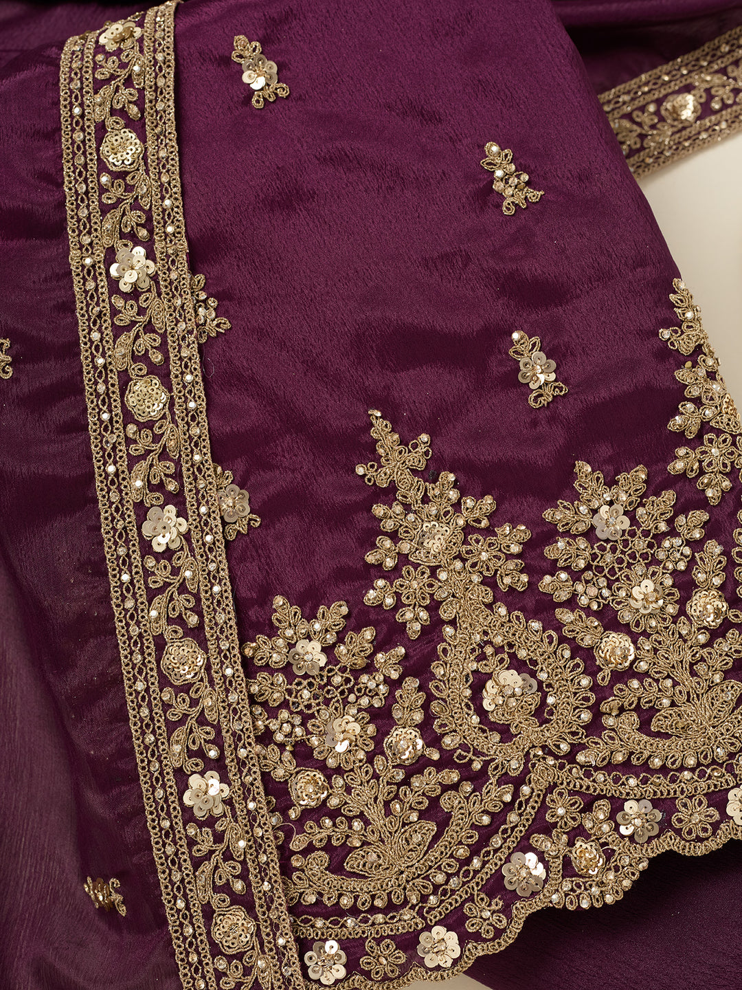 Purple Chinon Gold Zariwork Unstitched Dress Material With Matching Bottom And Dupatta