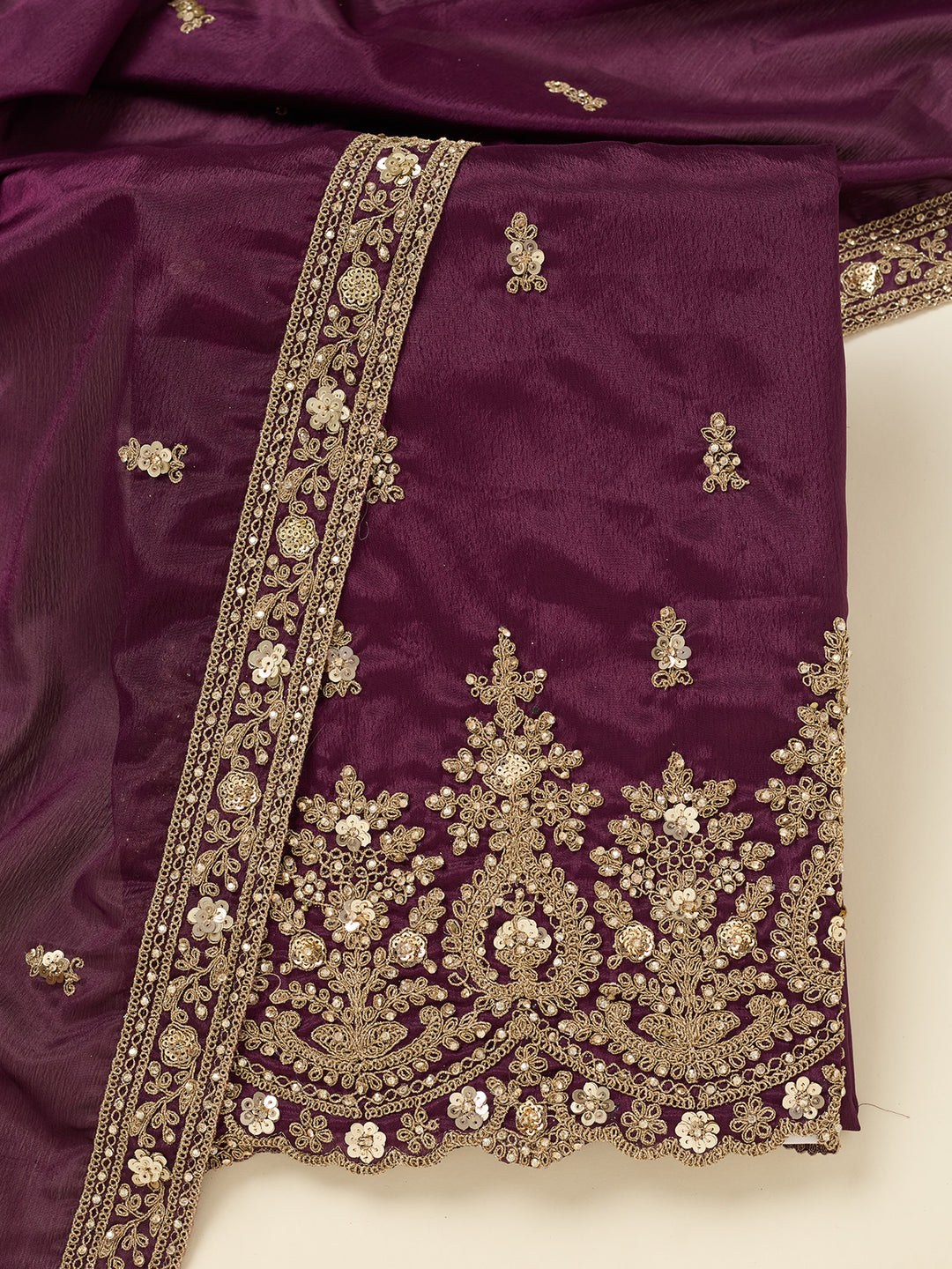 Purple Chinon Gold Zariwork Unstitched Dress Material With Matching Bottom And Dupatta