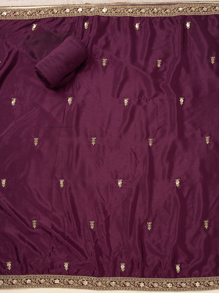 Purple Chinon Gold Zariwork Unstitched Dress Material With Matching Bottom And Dupatta