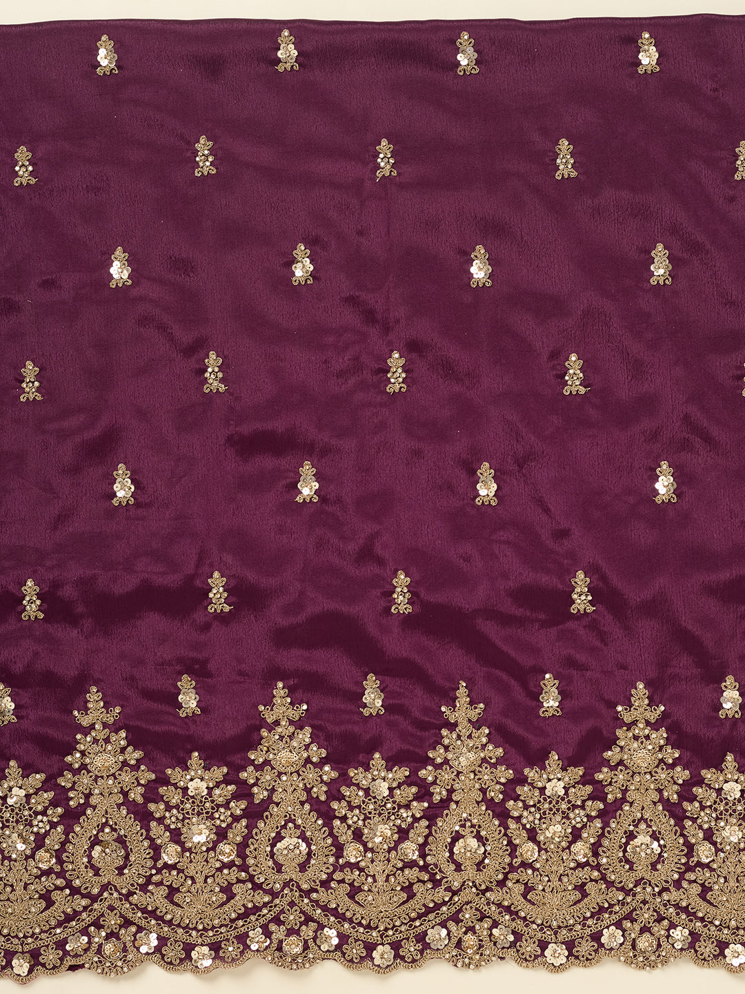 Purple Chinon Gold Zariwork Unstitched Dress Material With Matching Bottom And Dupatta