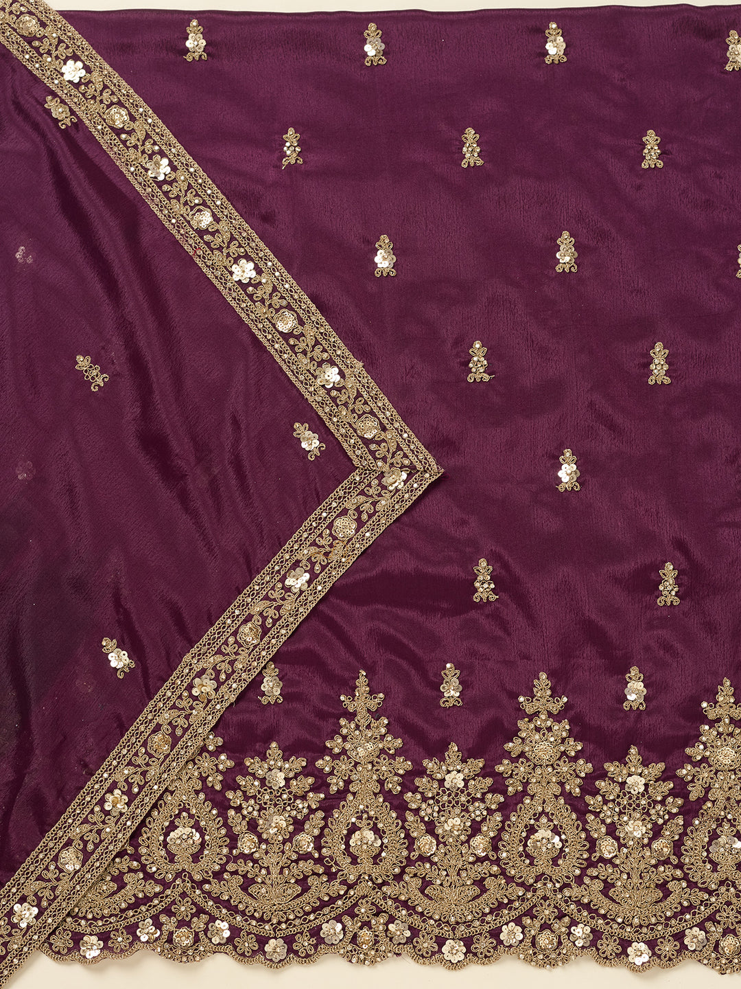 Purple Chinon Gold Zariwork Unstitched Dress Material With Matching Bottom And Dupatta