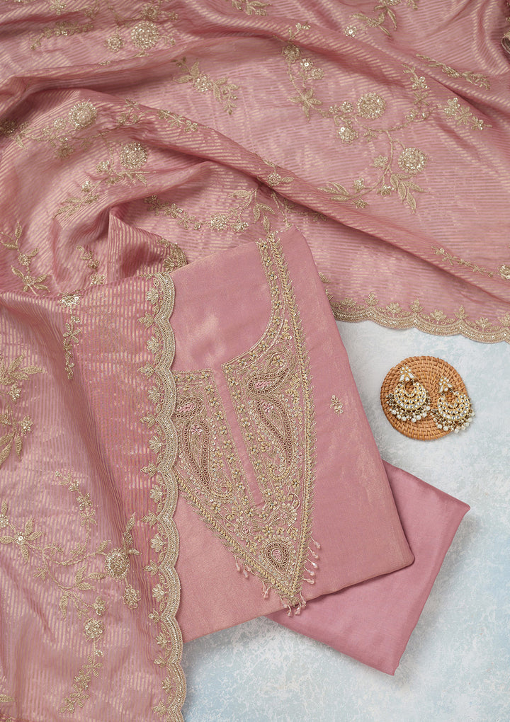 Onion Pink Tissue Gold Zariwork Unstitched Dress Material With Matching Bottom And Dupatta