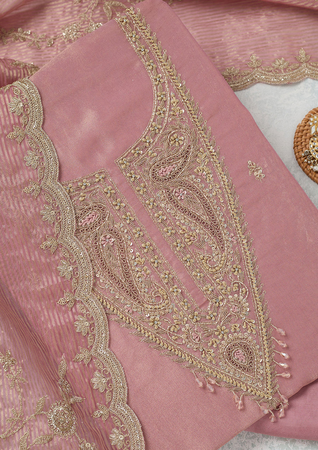 Onion Pink Tissue Gold Zariwork Unstitched Dress Material With Matching Bottom And Dupatta