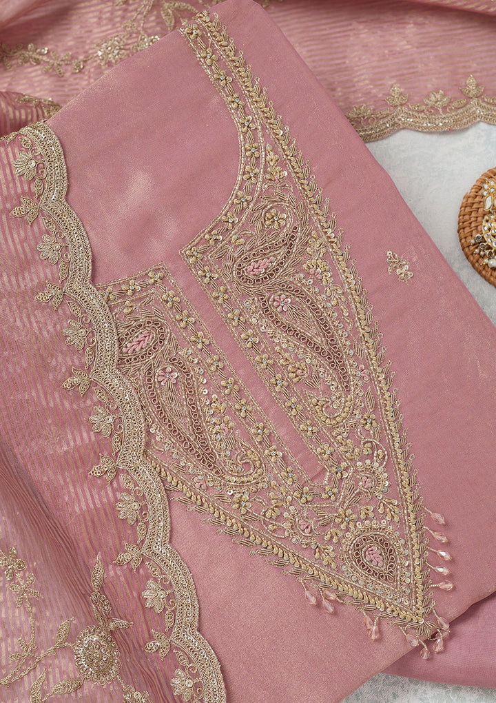 Onion Pink Tissue Gold Zariwork Unstitched Dress Material With Matching Bottom And Dupatta