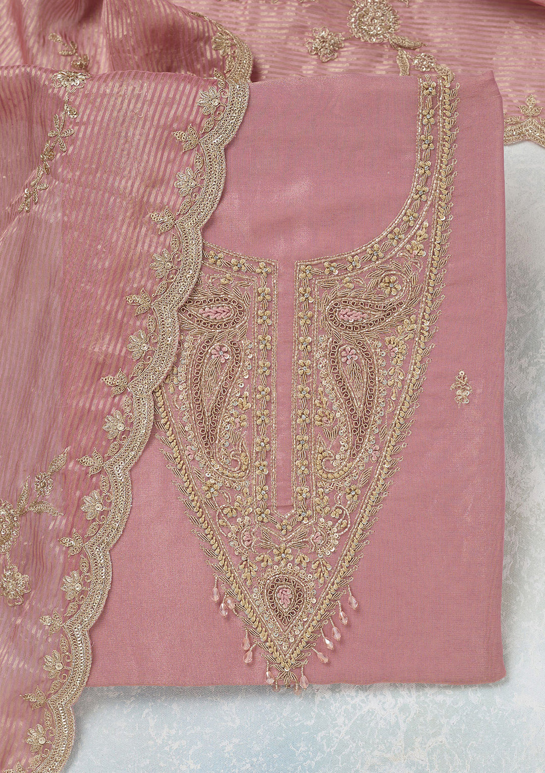 Onion Pink Tissue Gold Zariwork Unstitched Dress Material With Matching Bottom And Dupatta