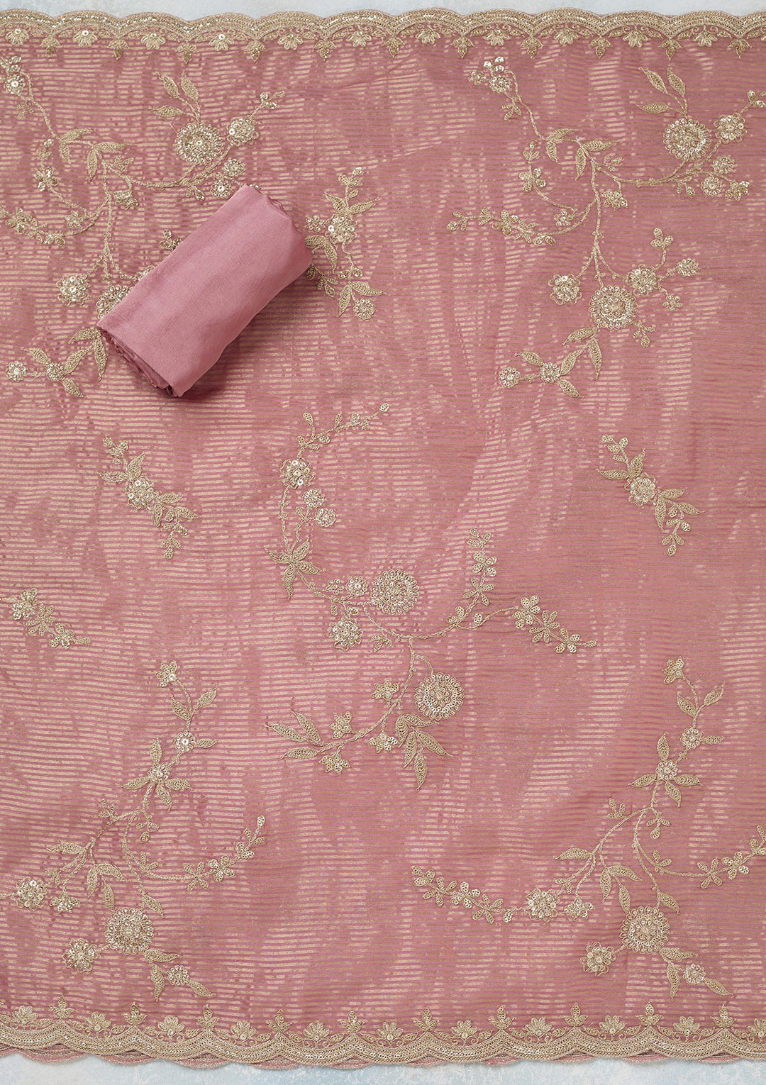 Onion Pink Tissue Gold Zariwork Unstitched Dress Material With Matching Bottom And Dupatta