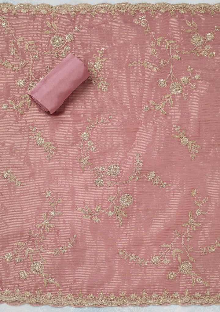 Onion Pink Tissue Gold Zariwork Unstitched Dress Material With Matching Bottom And Dupatta