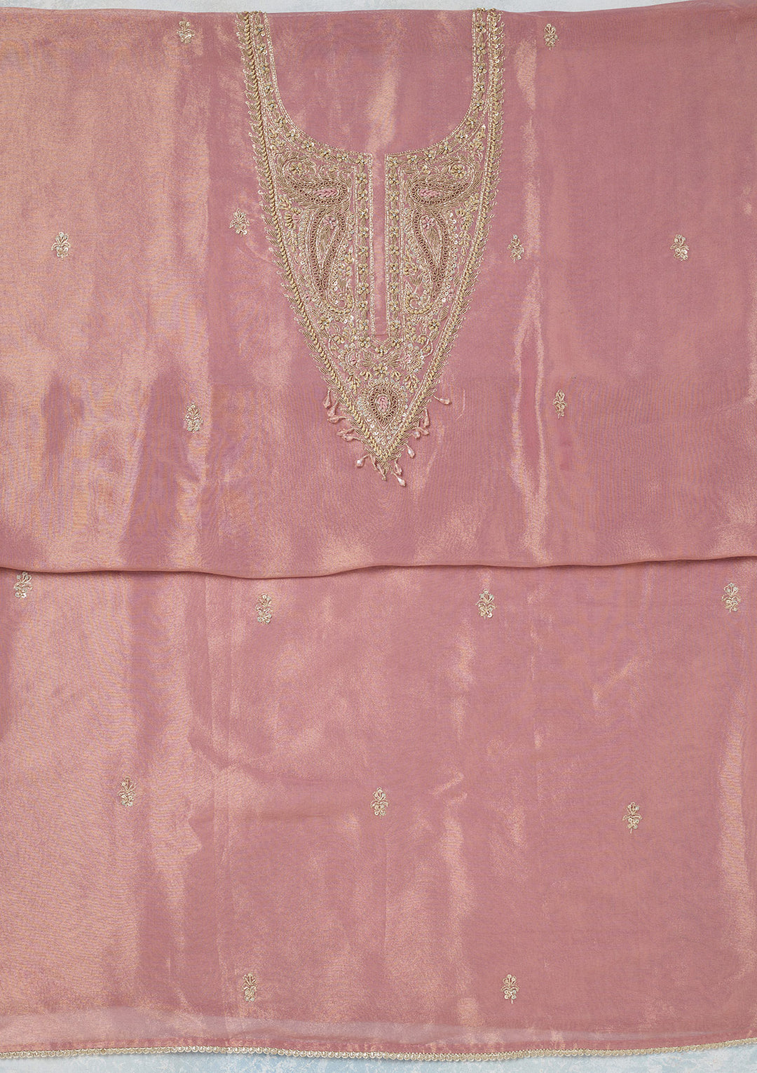 Onion Pink Tissue Gold Zariwork Unstitched Dress Material With Matching Bottom And Dupatta