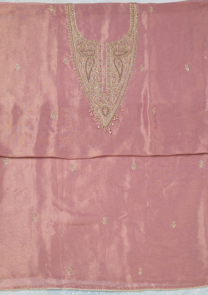 Onion Pink Tissue Gold Zariwork Unstitched Dress Material With Matching Bottom And Dupatta