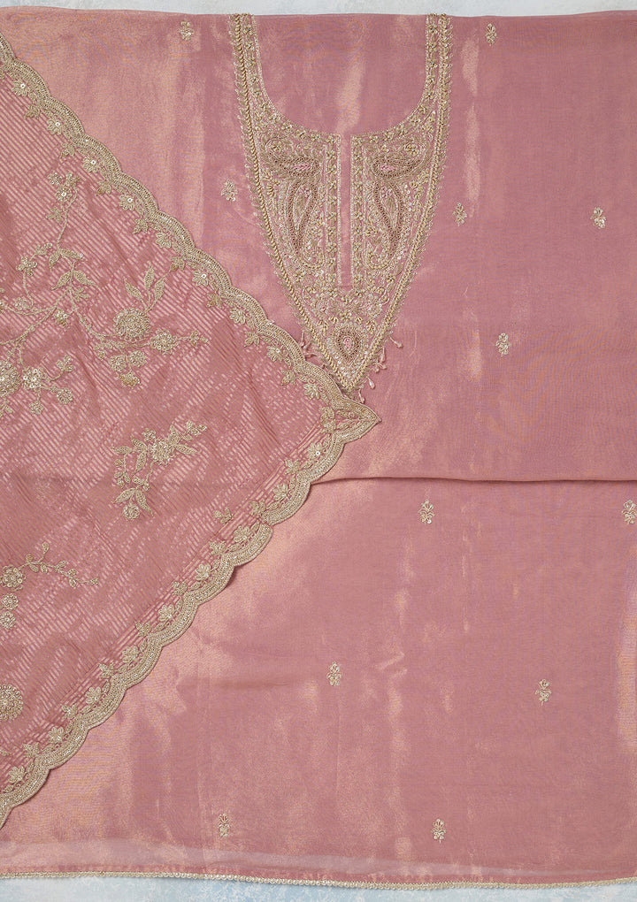 Onion Pink Tissue Gold Zariwork Unstitched Dress Material With Matching Bottom And Dupatta