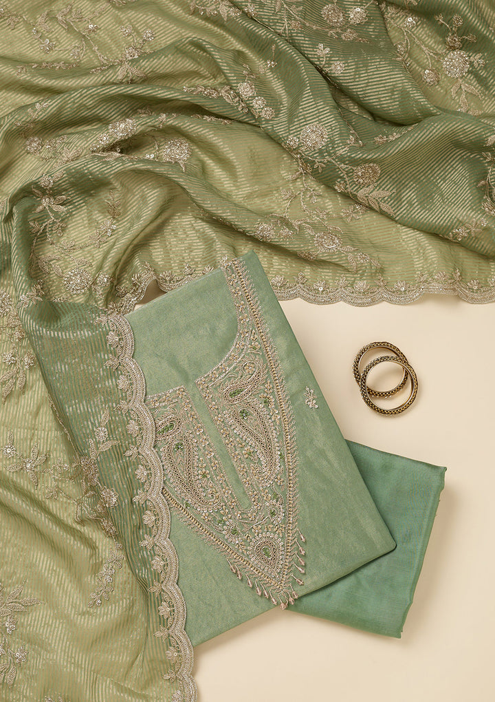 Pista Green Tissue Gold Zariwork Unstitched Dress Material With Matching Bottom And Dupatta