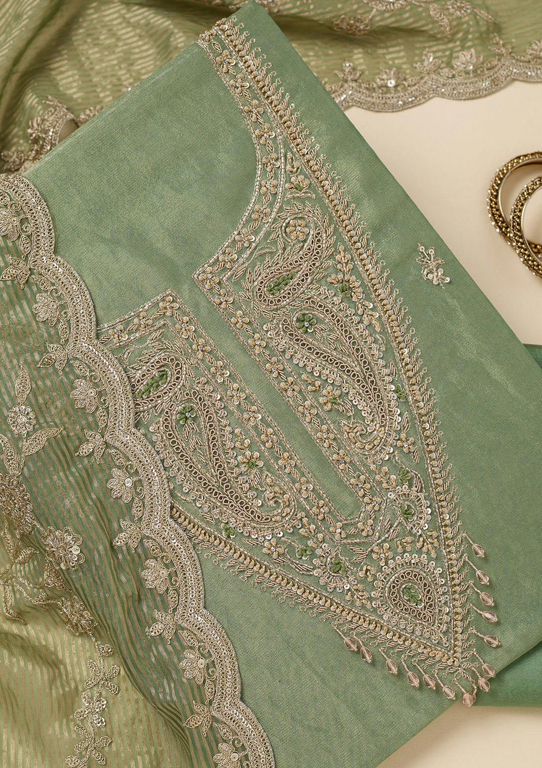 Pista Green Tissue Gold Zariwork Unstitched Dress Material With Matching Bottom And Dupatta
