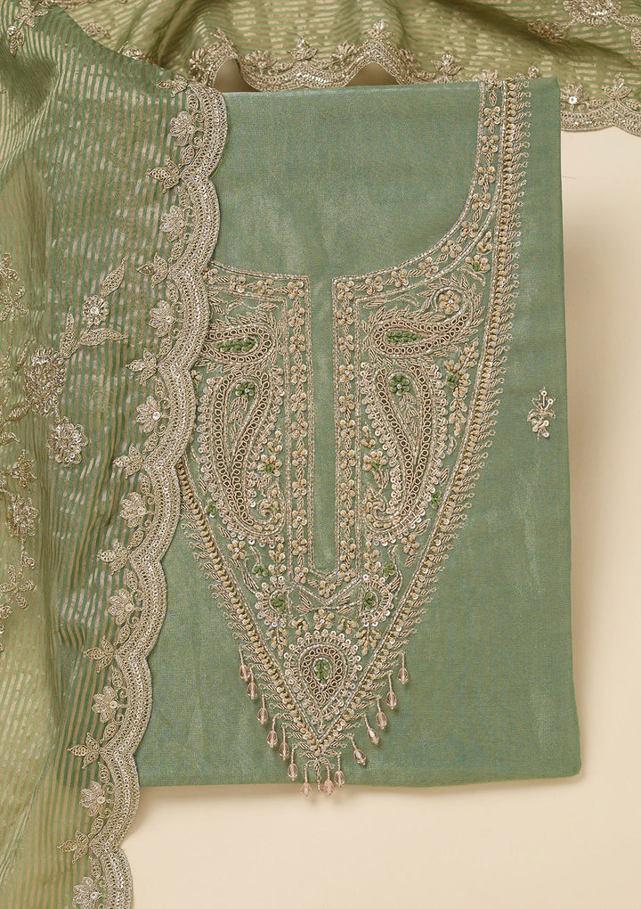 Pista Green Tissue Gold Zariwork Unstitched Dress Material With Matching Bottom And Dupatta