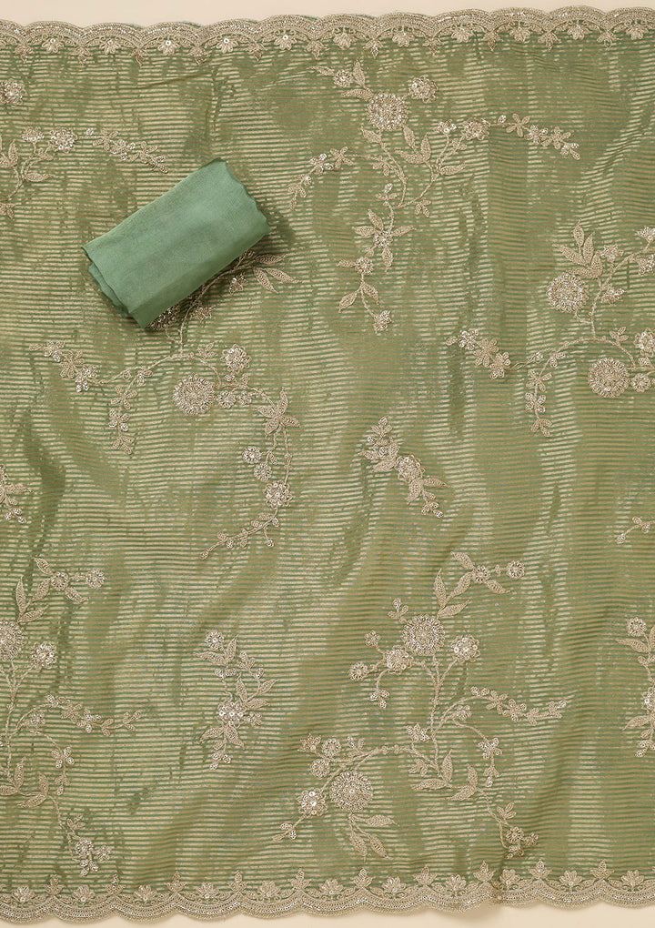 Pista Green Tissue Gold Zariwork Unstitched Dress Material With Matching Bottom And Dupatta