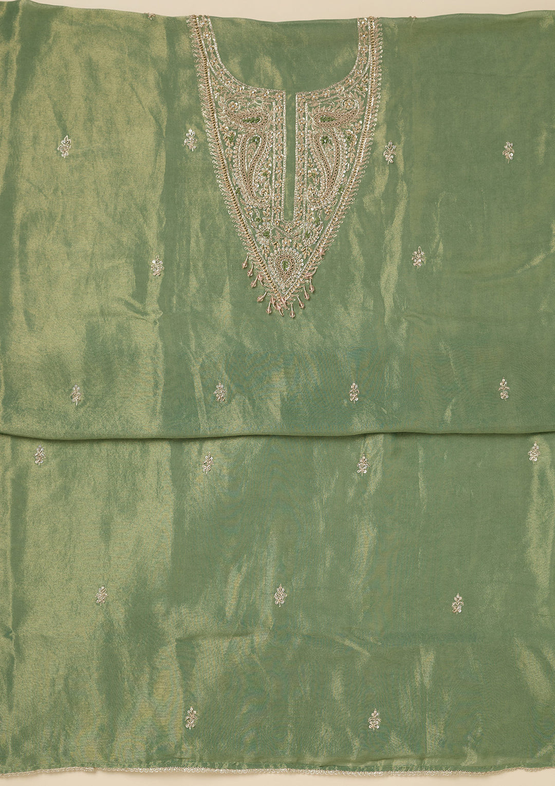 Pista Green Tissue Gold Zariwork Unstitched Dress Material With Matching Bottom And Dupatta