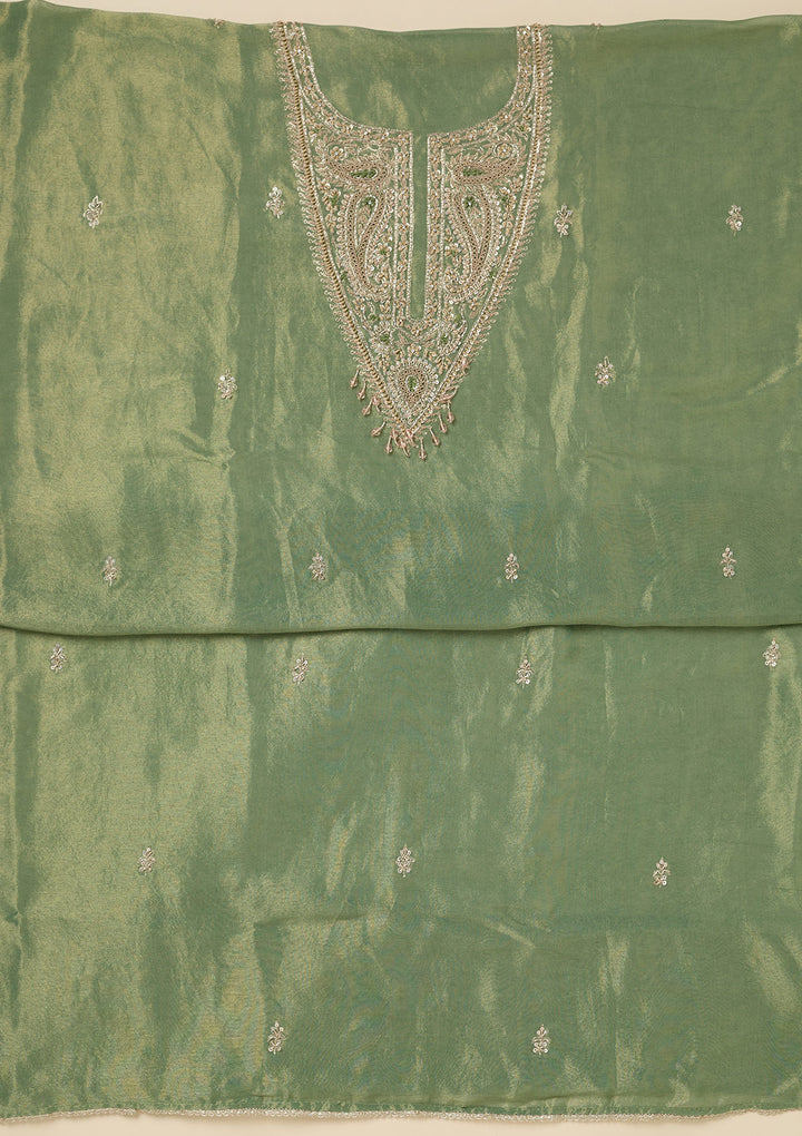 Pista Green Tissue Gold Zariwork Unstitched Dress Material With Matching Bottom And Dupatta