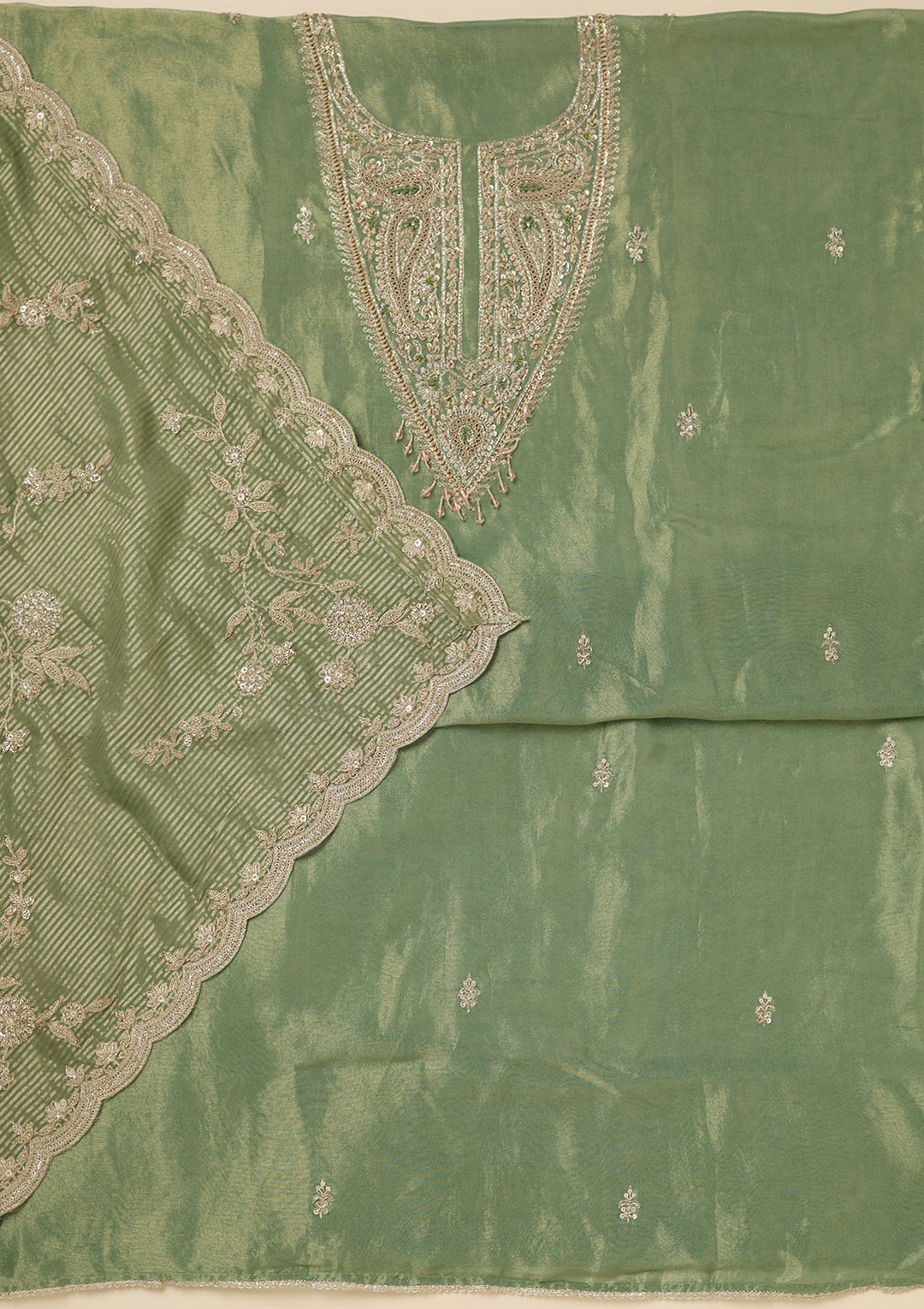 Pista Green Tissue Gold Zariwork Unstitched Dress Material With Matching Bottom And Dupatta